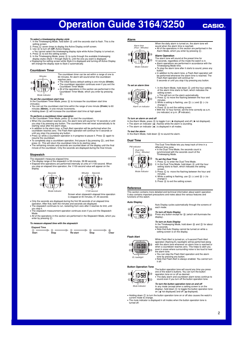Countdown timer, Stopwatch, Alarm | Dual time, Reference | Casio 3164 User Manual | Page 2 / 3