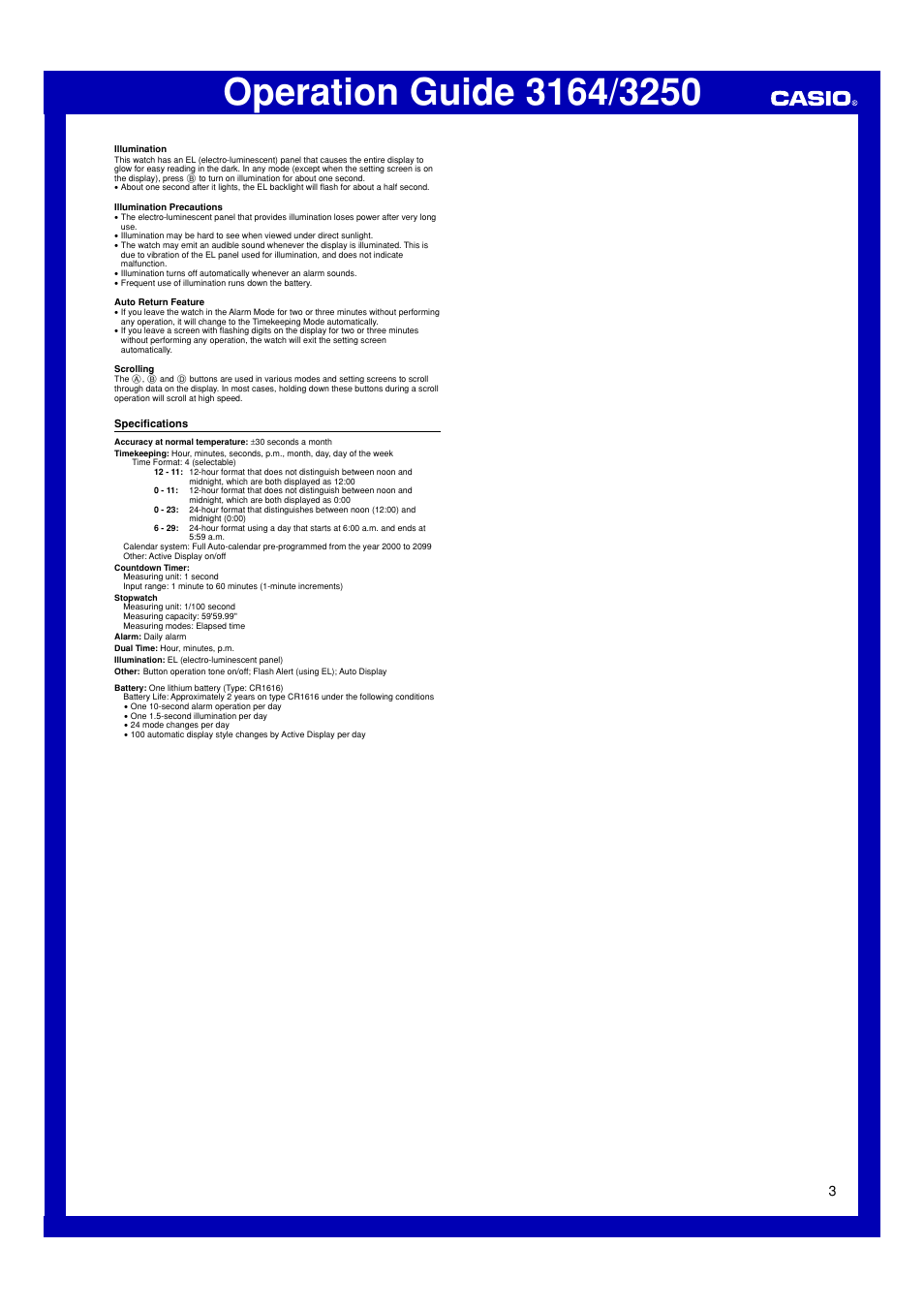 Specifications | Casio 3164 User Manual | Page 3 / 3
