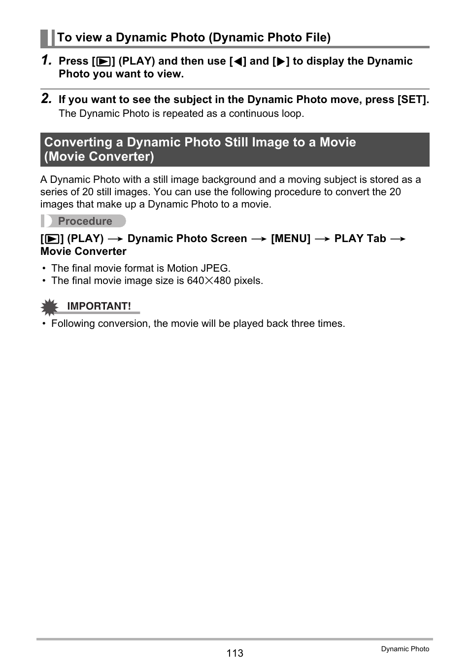 To view a dynamic photo (dynamic photo file) | Casio EXILIM EX-H15 User Manual | Page 113 / 194