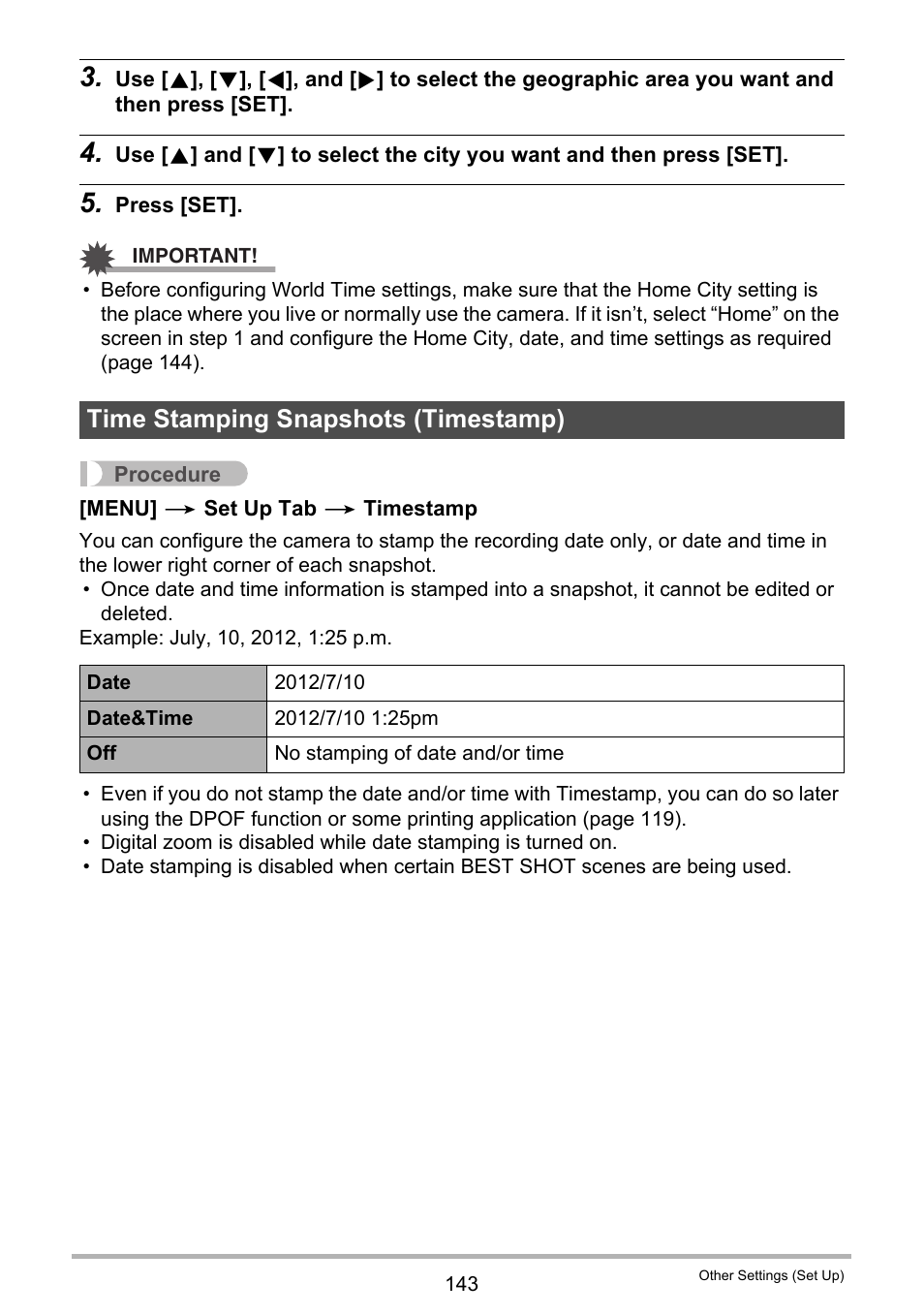 Time stamping snapshots (timestamp) | Casio EXILIM EX-H15 User Manual | Page 143 / 194