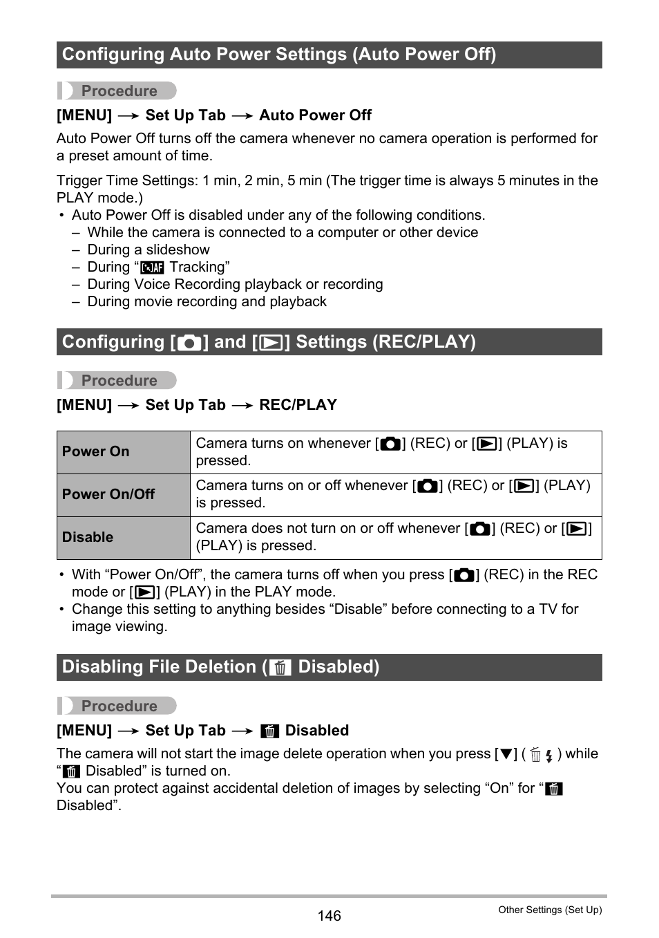 Configuring auto power settings (auto power off), Configuring [_] and [>] settings (rec/play), Disabling file deletion (_ disabled) | Disabling file deletion ( ü disabled) | Casio EXILIM EX-H15 User Manual | Page 146 / 194