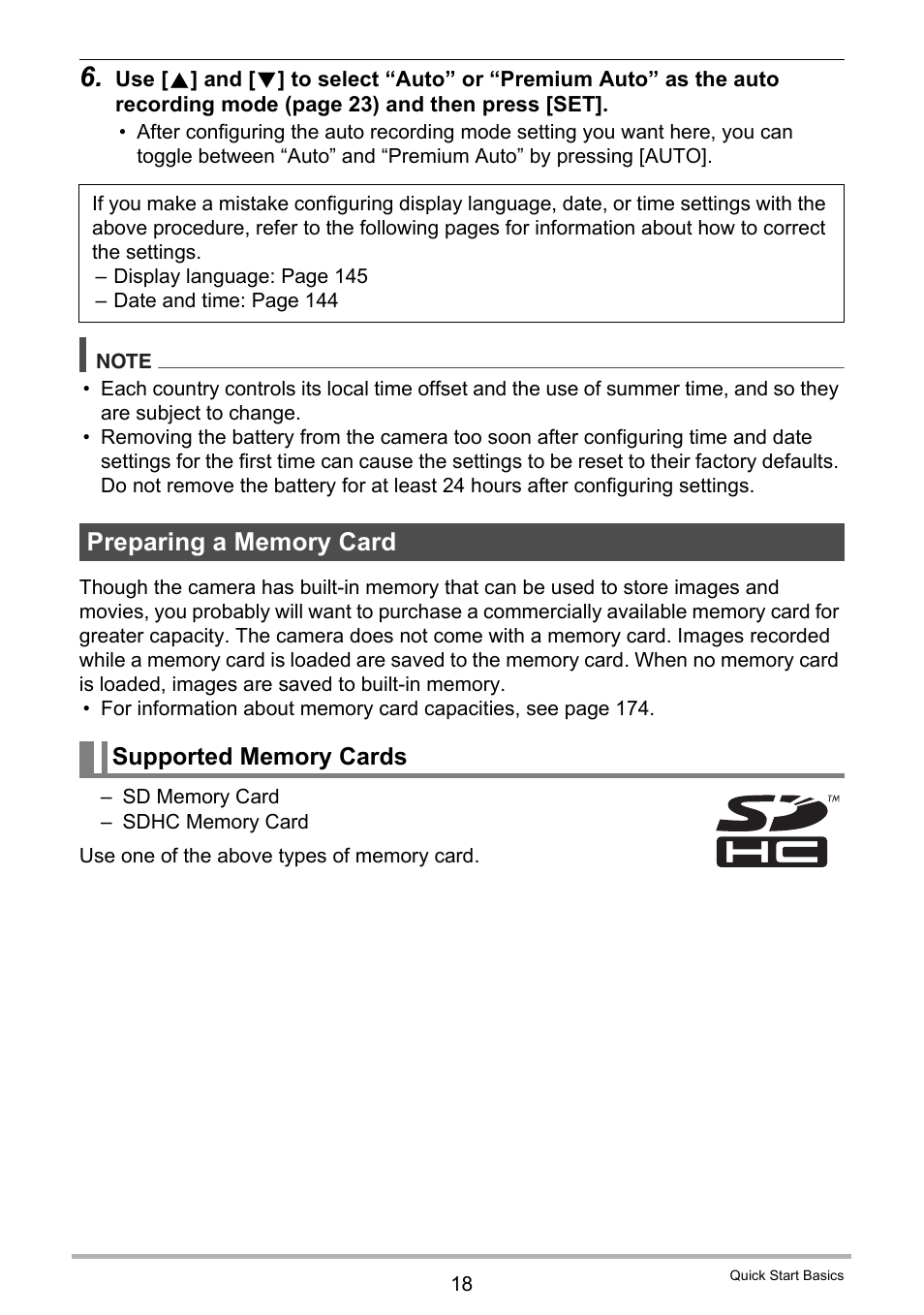 Preparing a memory card, Supported memory cards | Casio EXILIM EX-H15 User Manual | Page 18 / 194