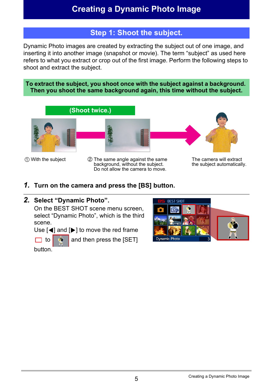 Creating a dynamic photo image, Step 1: shoot the subject | Casio EXILIM EX-H15 User Manual | Page 185 / 194