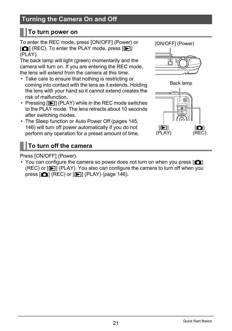 Turning the camera on and off, To turn power on, To turn off the camera | Casio EXILIM EX-H15 User Manual | Page 21 / 194