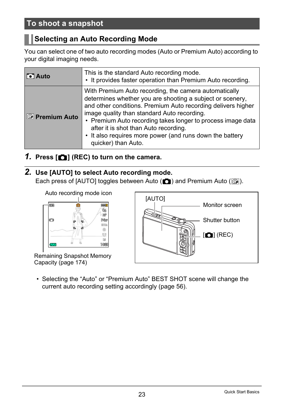 To shoot a snapshot, Selecting an auto recording mode, 23) and | Casio EXILIM EX-H15 User Manual | Page 23 / 194