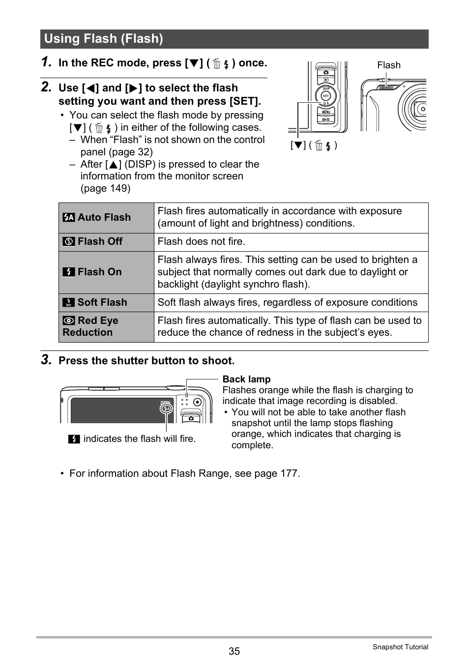 Using flash (flash) | Casio EXILIM EX-H15 User Manual | Page 35 / 194