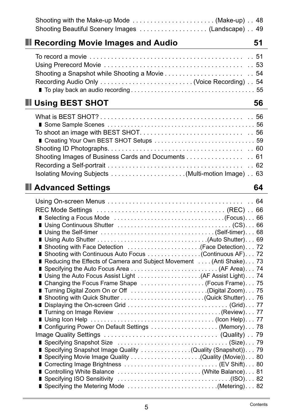 Recording movie images and audio 51, Using best shot 56, Advanced settings 64 | Casio EXILIM EX-H15 User Manual | Page 5 / 194