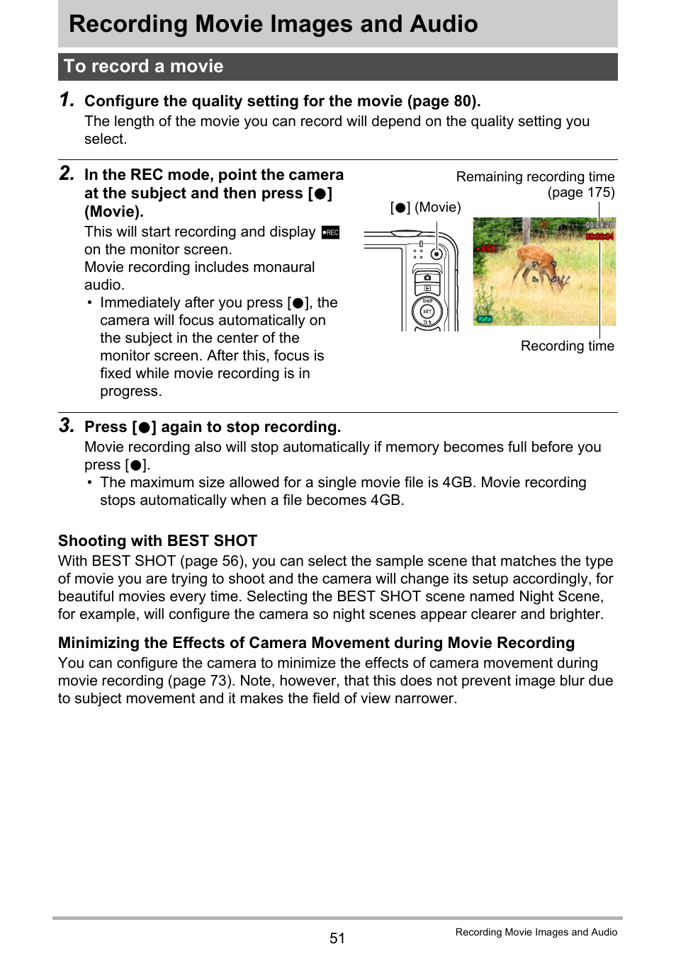 Recording movie images and audio, To record a movie | Casio EXILIM EX-H15 User Manual | Page 51 / 194