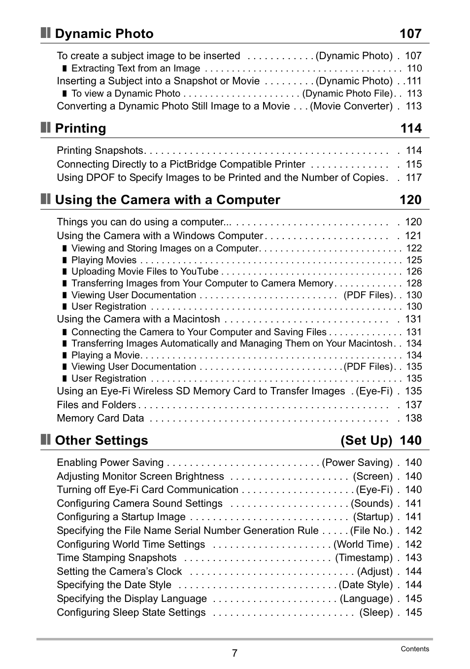 Dynamic photo 107, Printing 114, Using the camera with a computer 120 | Other settings (set up) 140 | Casio EXILIM EX-H15 User Manual | Page 7 / 194