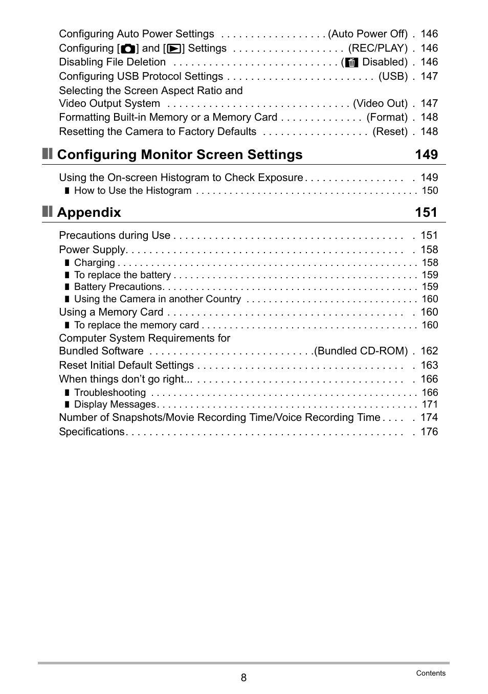 Configuring monitor screen settings 149, Appendix 151 | Casio EXILIM EX-H15 User Manual | Page 8 / 194