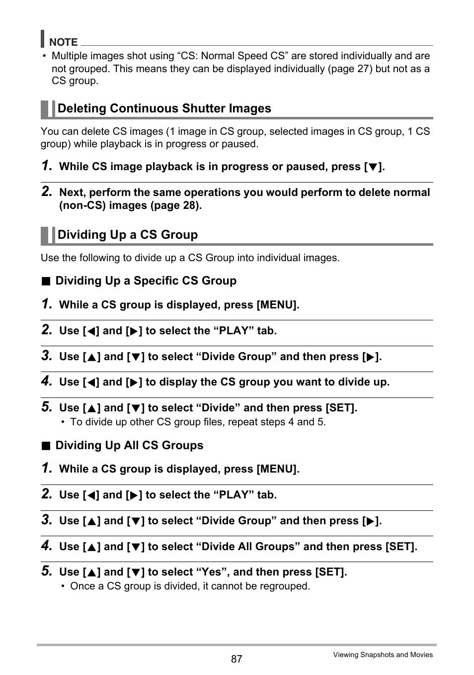 Deleting continuous shutter images, Dividing up a cs group | Casio EXILIM EX-H15 User Manual | Page 87 / 194