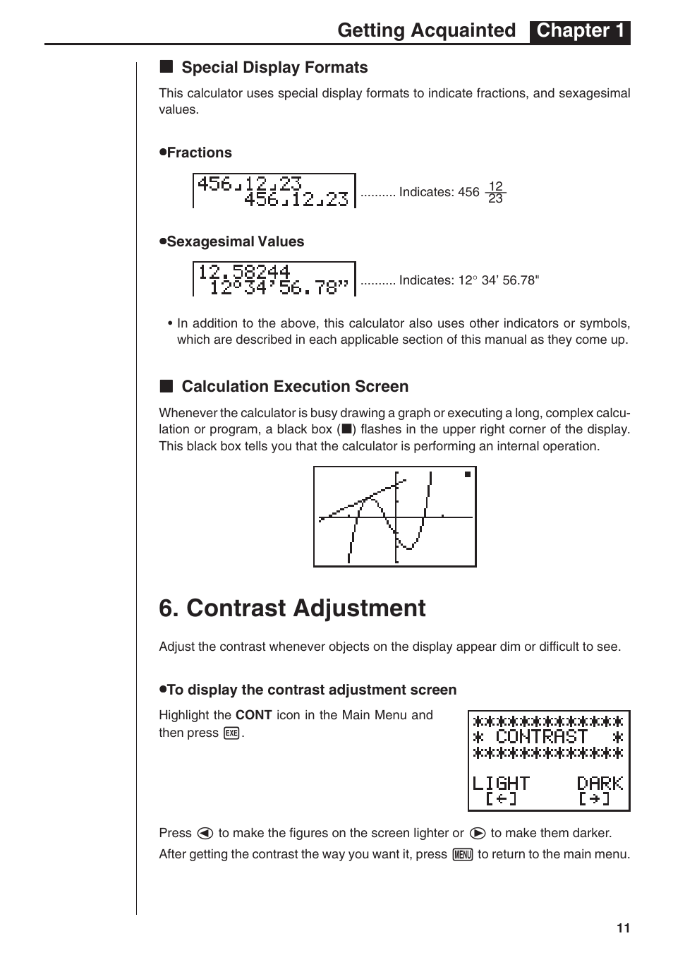 Contrast adjustment, Getting acquainted chapter 1 | Casio fx-7400G User Manual | Page 11 / 12