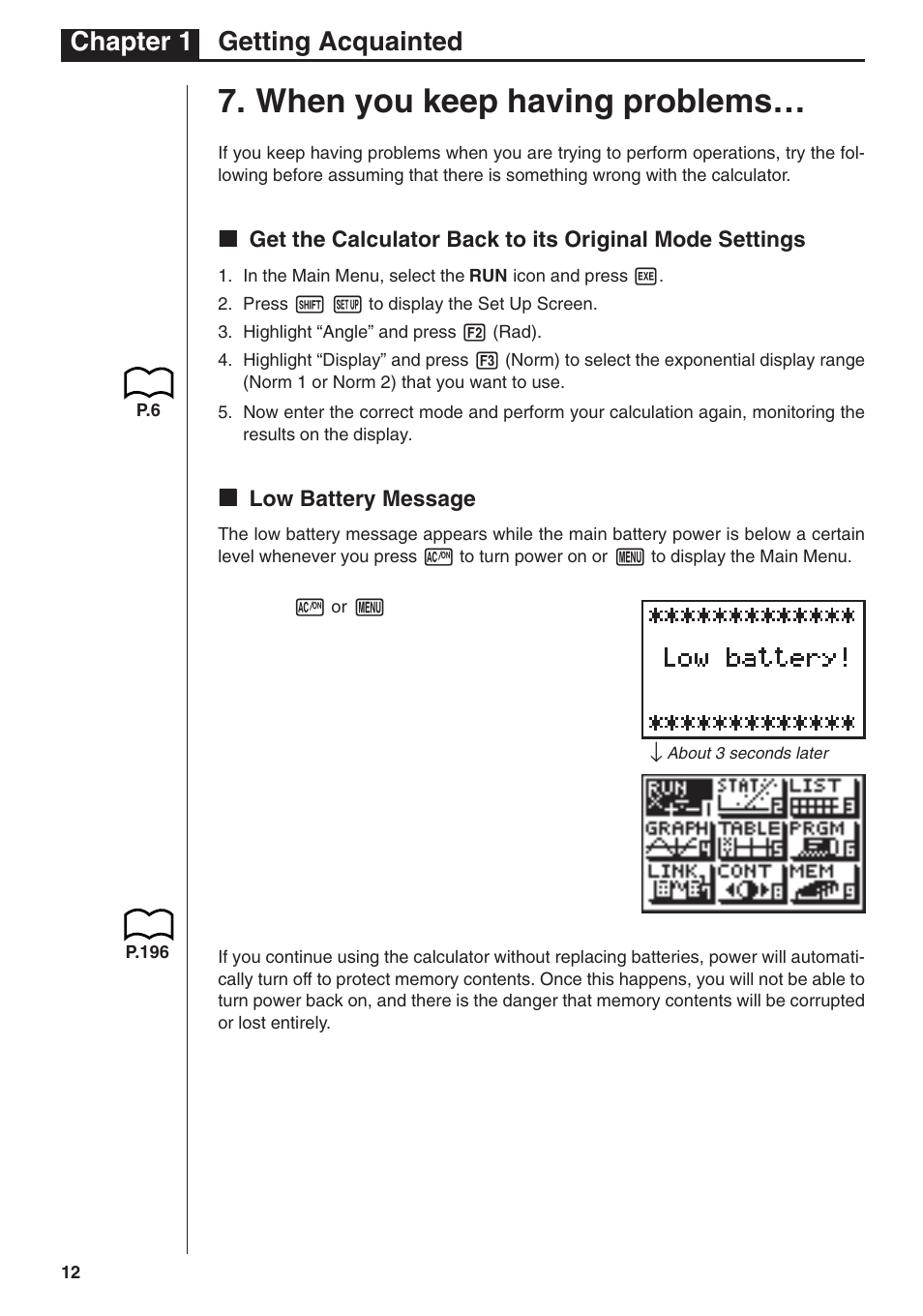 When you keep having problems, Chapter 1 getting acquainted | Casio fx-7400G User Manual | Page 12 / 12