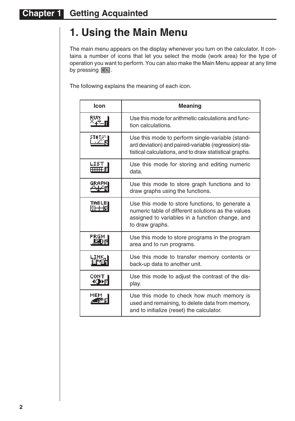 Using the main menu, Chapter 1 getting acquainted | Casio fx-7400G User Manual | Page 2 / 12