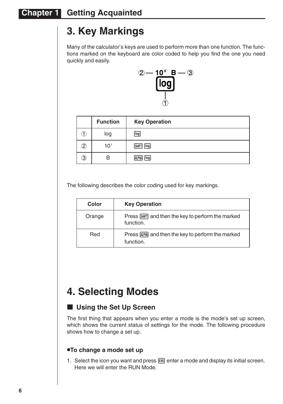 Key markings, Selecting modes, Chapter 1 getting acquainted | Casio fx-7400G User Manual | Page 6 / 12