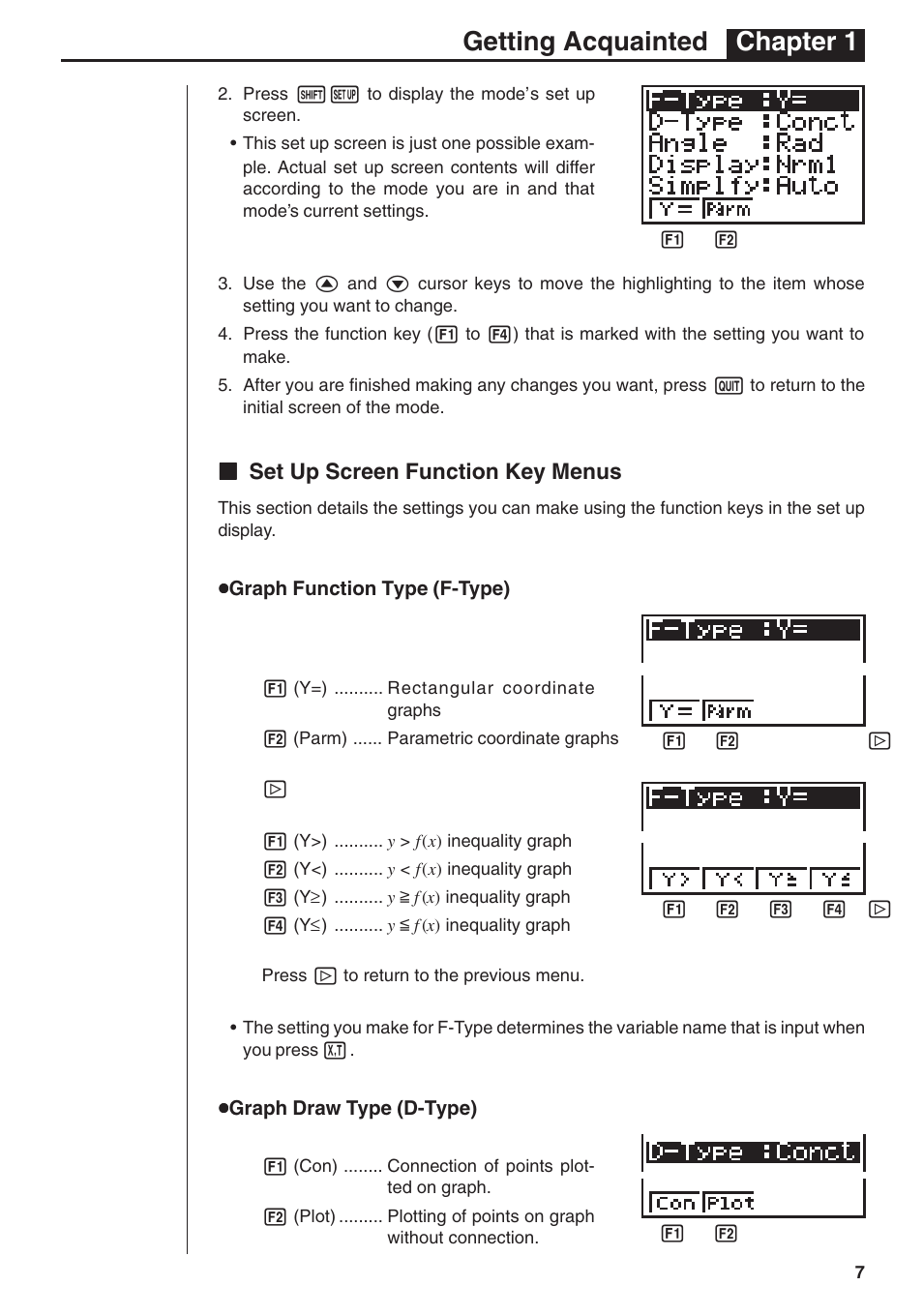 Getting acquainted chapter 1, Kk set up screen function key menus | Casio fx-7400G User Manual | Page 7 / 12