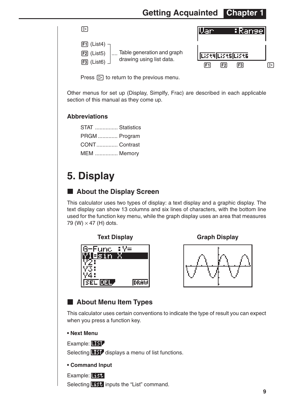 Display, Getting acquainted chapter 1 | Casio fx-7400G User Manual | Page 9 / 12