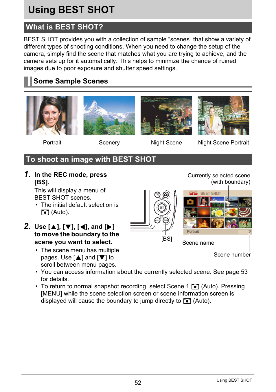 Using best shot, What is best shot, Some sample scenes | To shoot an image with best shot | Casio EXILIM EX-S6 User Manual | Page 52 / 148