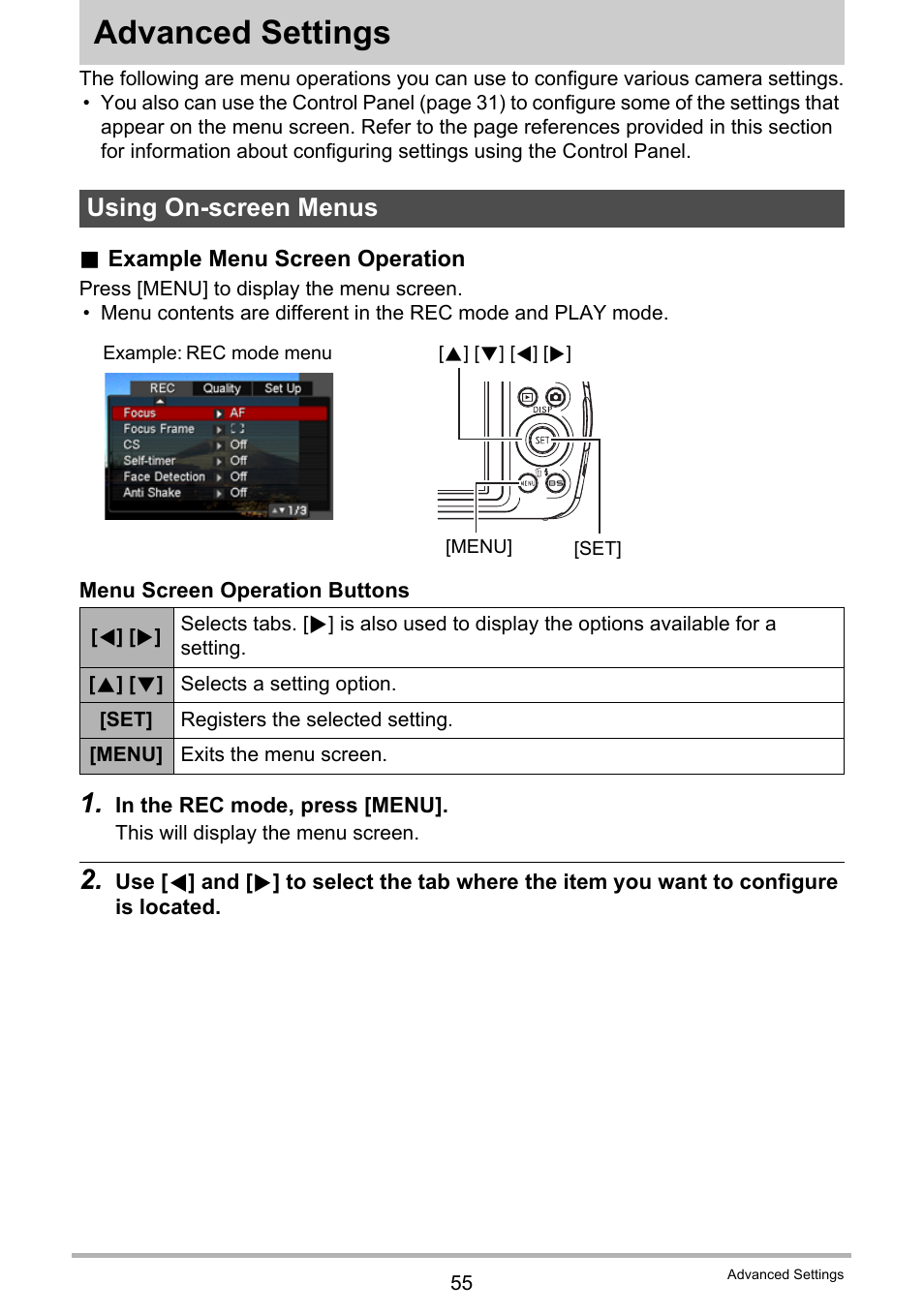 Advanced settings, Using on-screen menus | Casio EXILIM EX-S6 User Manual | Page 55 / 148
