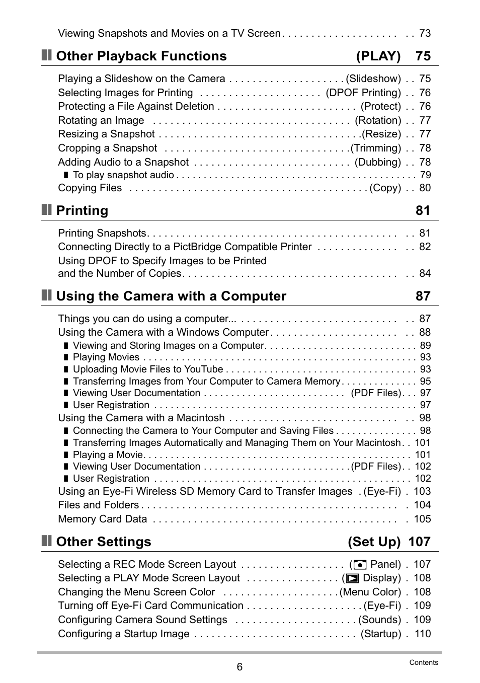 Other playback functions (play) 75, Printing 81, Using the camera with a computer 87 | Other settings (set up) 107 | Casio EXILIM EX-S6 User Manual | Page 6 / 148