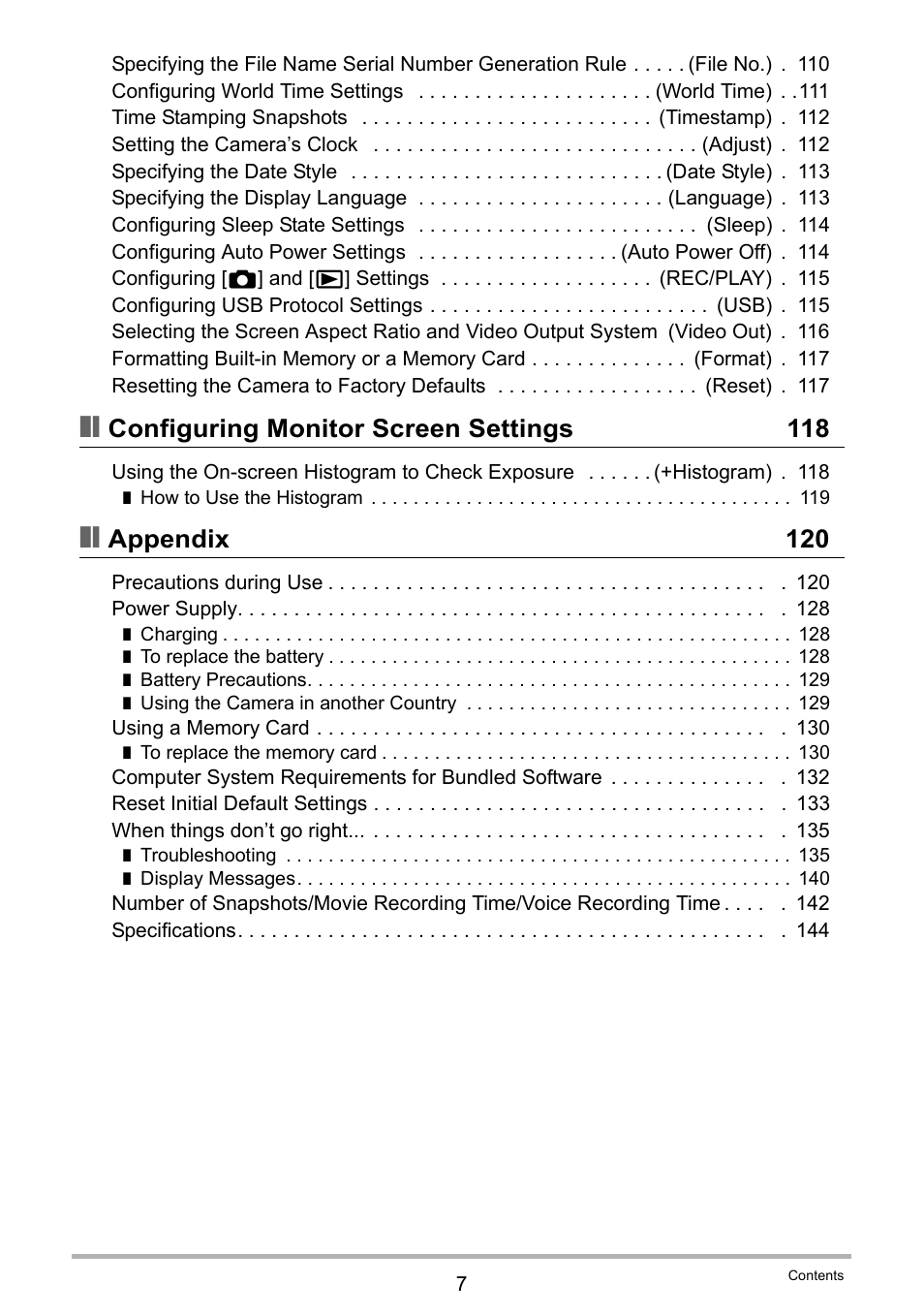 Configuring monitor screen settings 118, Appendix 120 | Casio EXILIM EX-S6 User Manual | Page 7 / 148