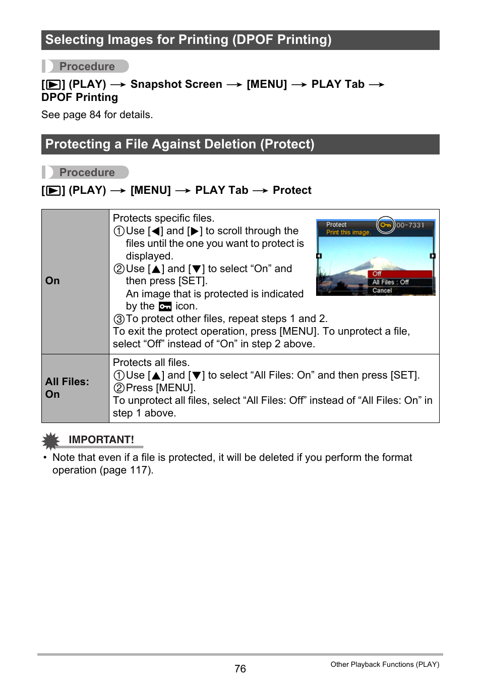 Selecting images for printing (dpof printing), Protecting a file against deletion (protect) | Casio EXILIM EX-S6 User Manual | Page 76 / 148