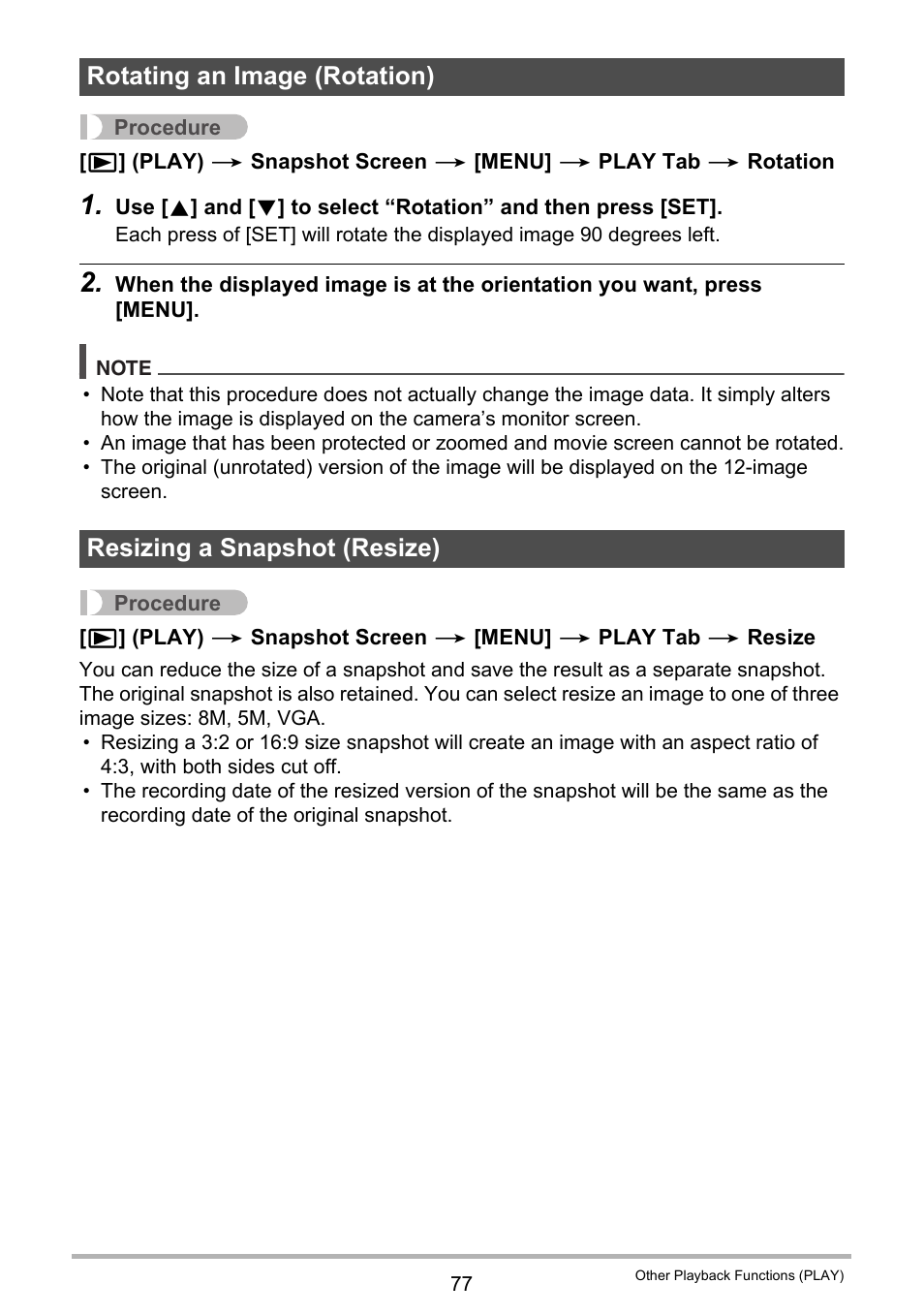 Rotating an image (rotation), Resizing a snapshot (resize) | Casio EXILIM EX-S6 User Manual | Page 77 / 148