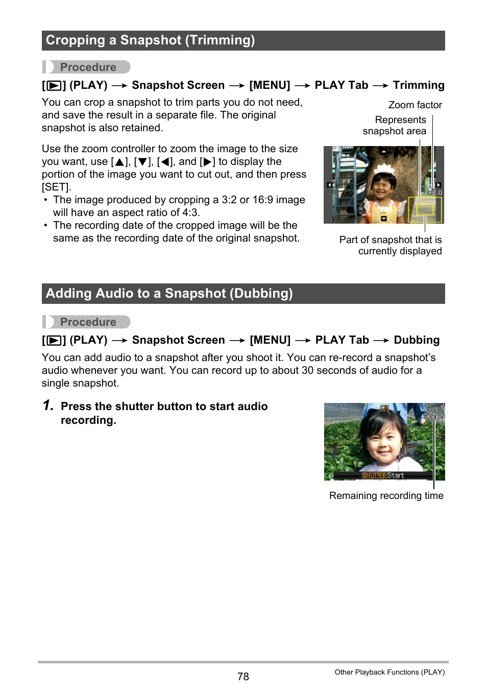 Cropping a snapshot (trimming), Adding audio to a snapshot (dubbing) | Casio EXILIM EX-S6 User Manual | Page 78 / 148