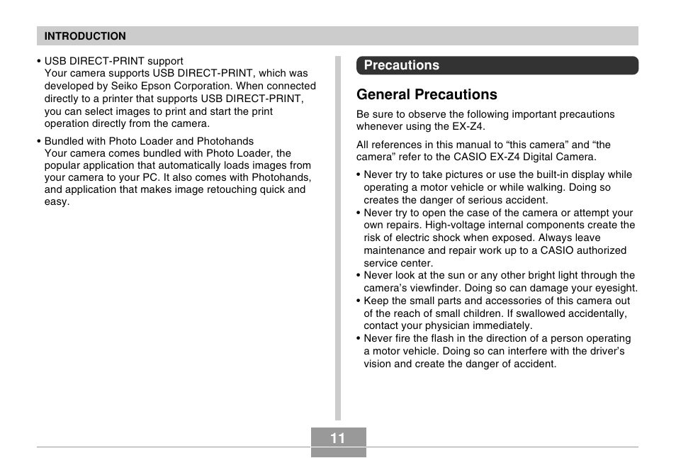 General precautions | Casio EX-Z4 User Manual | Page 11 / 58
