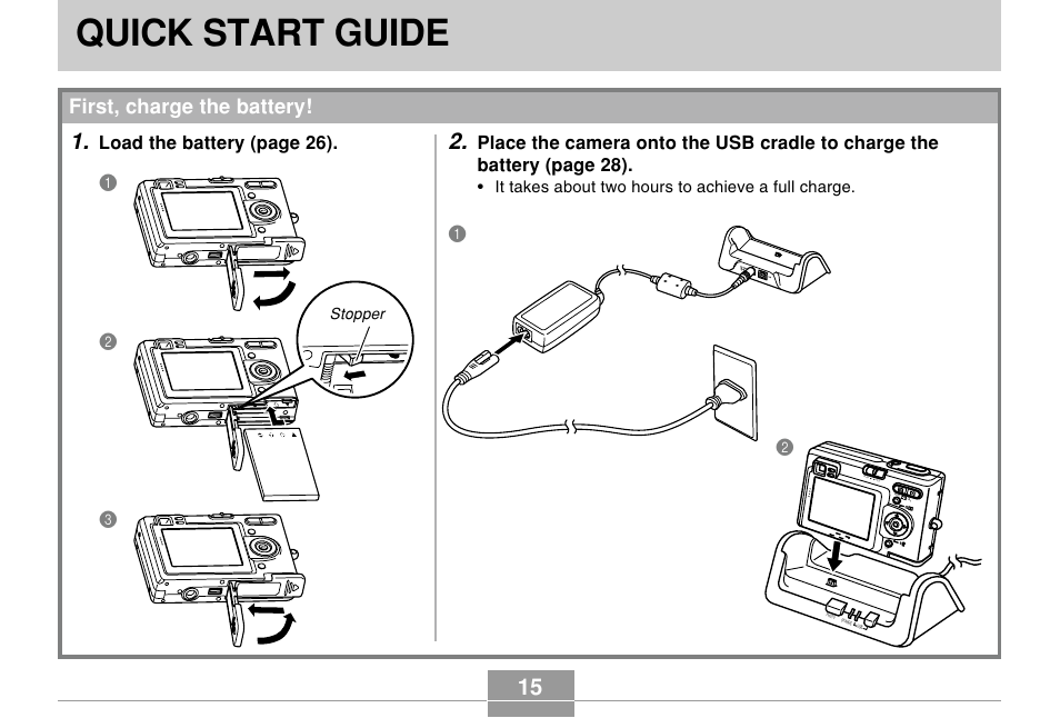 Quick start guide, First, charge the battery, Load the battery (page 26) | Casio EX-Z4 User Manual | Page 15 / 58