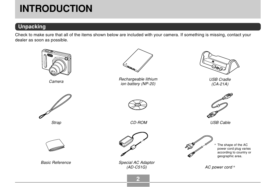 Introduction, Unpacking | Casio EX-Z4 User Manual | Page 2 / 58