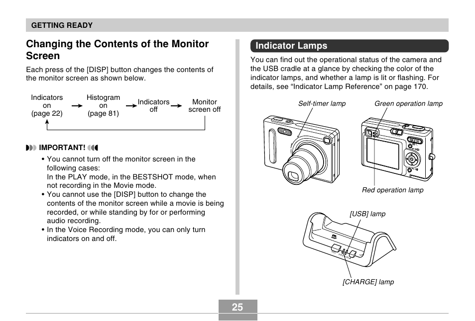 Changing the contents of the monitor screen, Indicator lamps | Casio EX-Z4 User Manual | Page 25 / 58