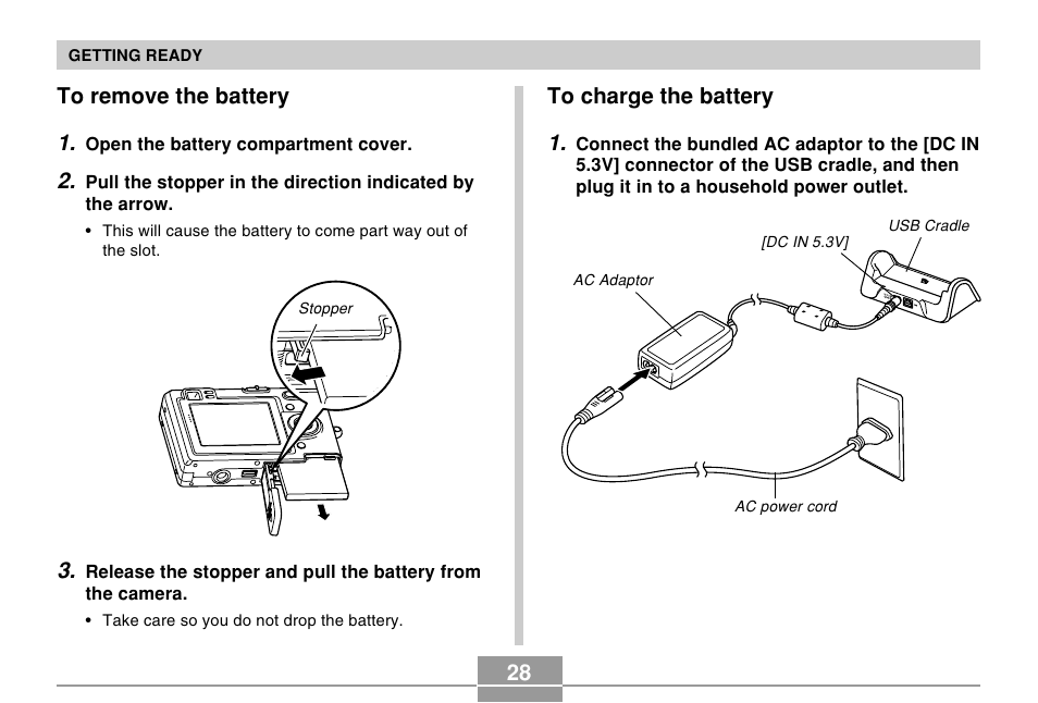 28 to charge the battery 1 | Casio EX-Z4 User Manual | Page 28 / 58