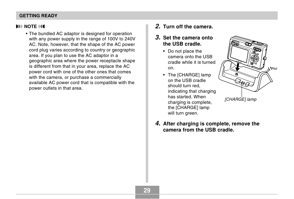 Turn off the camera, Set the camera onto the usb cradle | Casio EX-Z4 User Manual | Page 29 / 58