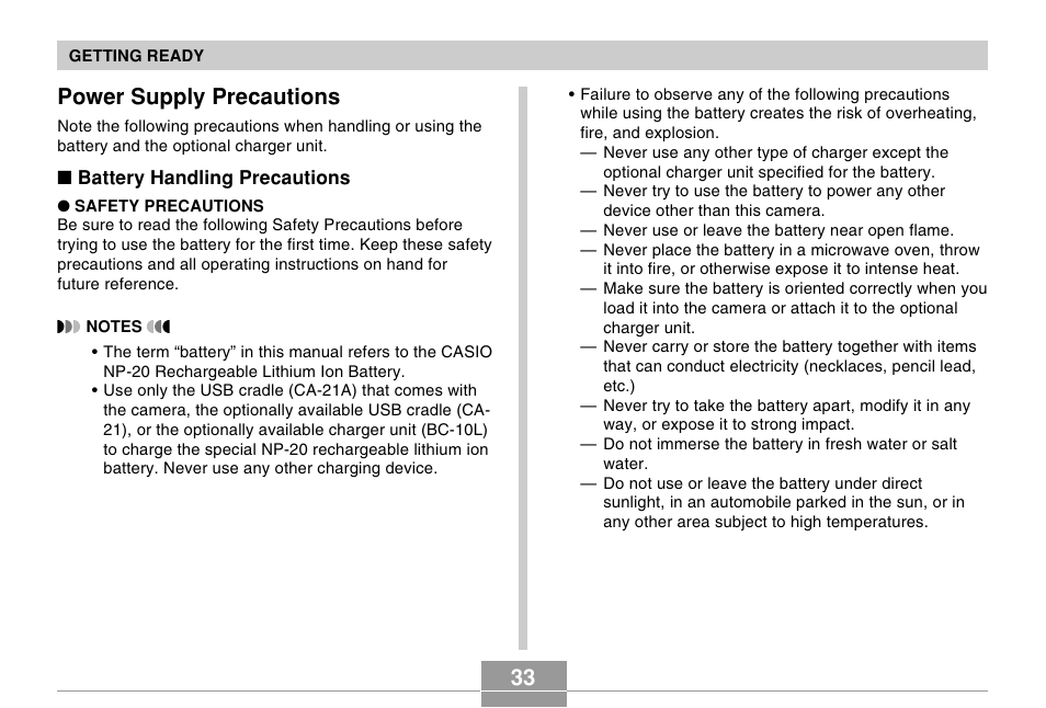 33 power supply precautions | Casio EX-Z4 User Manual | Page 33 / 58