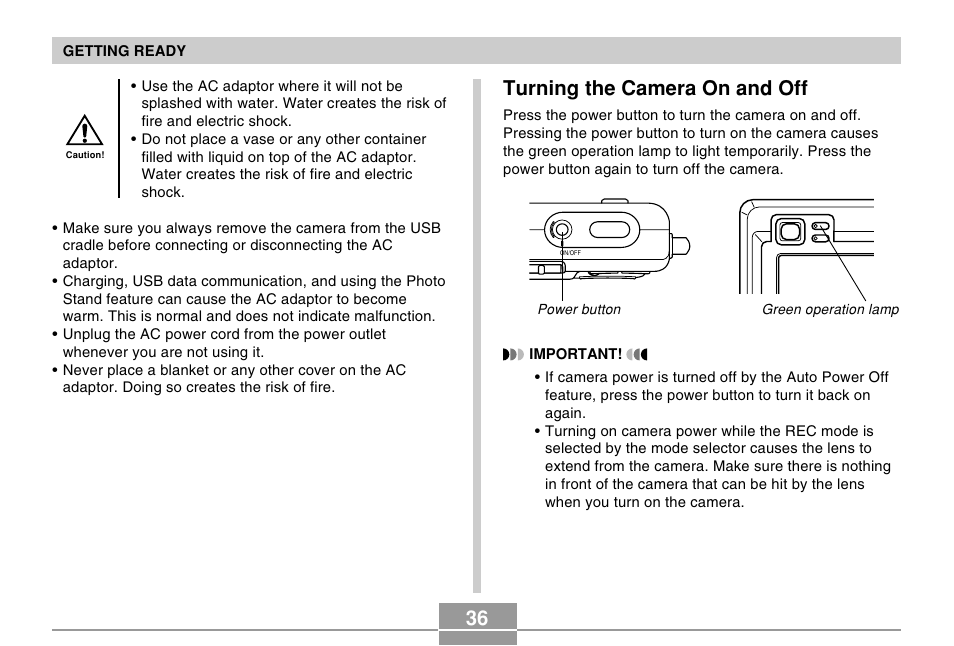 Turning the camera on and off | Casio EX-Z4 User Manual | Page 36 / 58