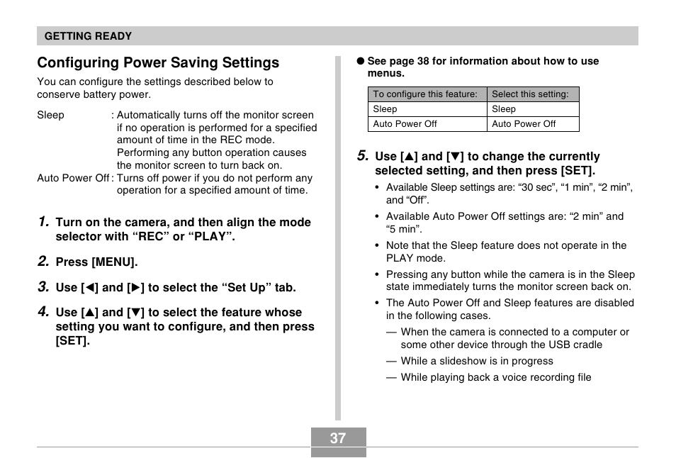 37 configuring power saving settings | Casio EX-Z4 User Manual | Page 37 / 58