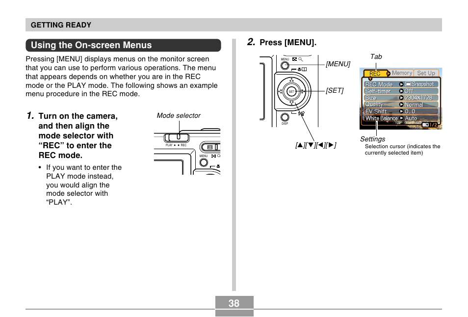 Using the on-screen menus | Casio EX-Z4 User Manual | Page 38 / 58