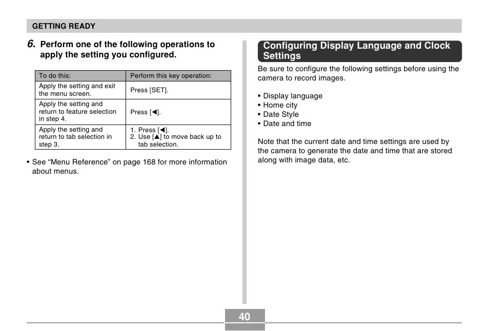 Configuring display language and clock settings | Casio EX-Z4 User Manual | Page 40 / 58
