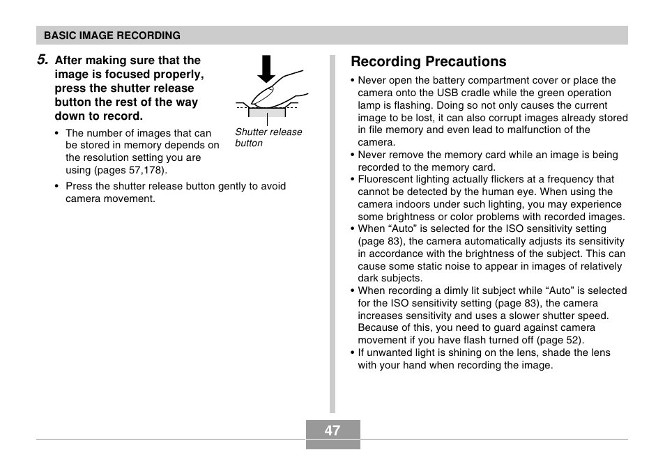 Recording precautions | Casio EX-Z4 User Manual | Page 47 / 58