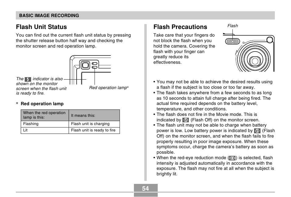 Flash unit status, Flash precautions | Casio EX-Z4 User Manual | Page 54 / 58