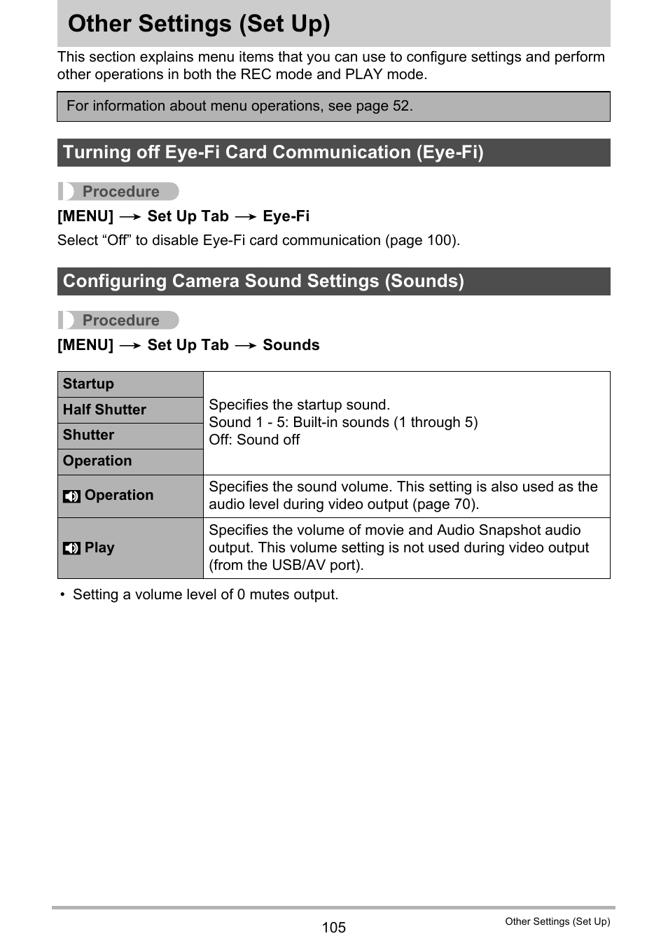 Other settings (set up), Turning off eye-fi card communication (eye-fi), Configuring camera sound settings (sounds) | Other settings, Set up) 105 | Casio EXILIM EX-Z670 User Manual | Page 105 / 143