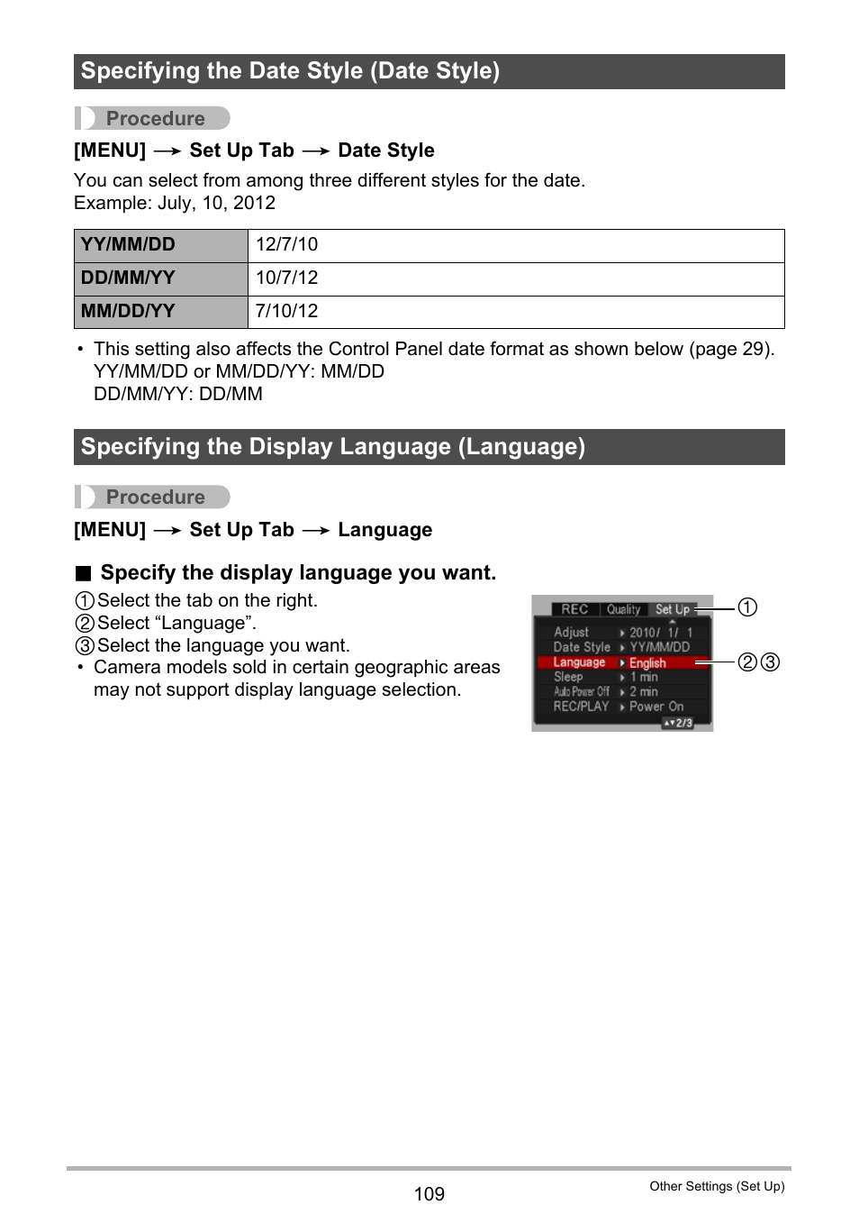 Specifying the date style (date style), Specifying the display language (language) | Casio EXILIM EX-Z670 User Manual | Page 109 / 143