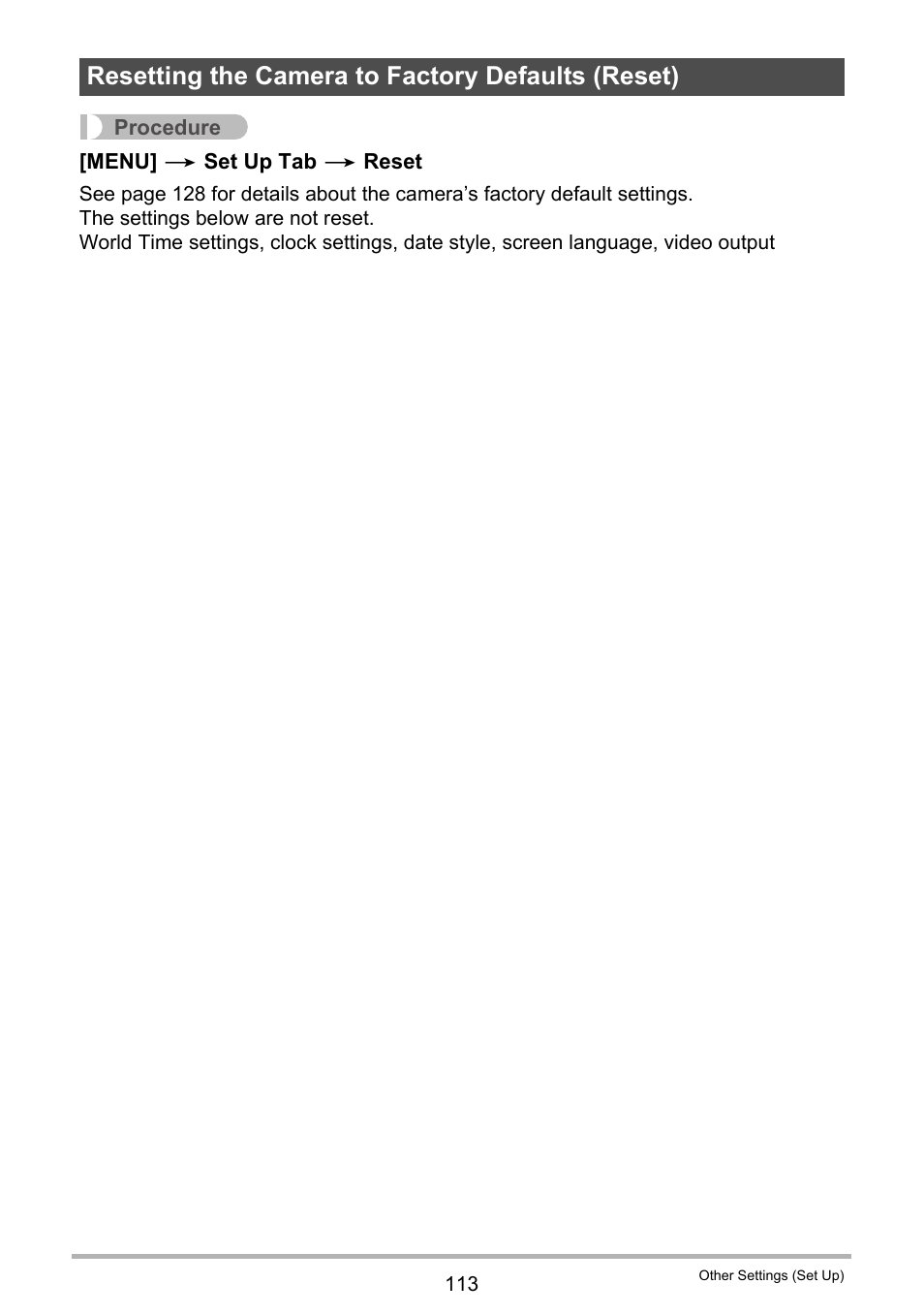Resetting the camera to factory defaults (reset) | Casio EXILIM EX-Z670 User Manual | Page 113 / 143