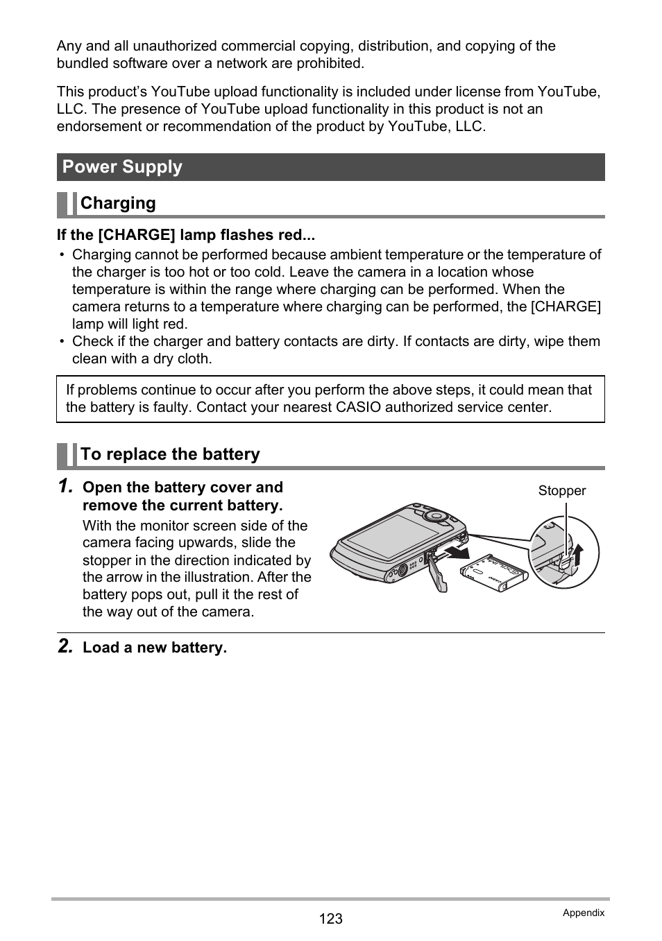 Power supply, Charging, To replace the battery | E 123 | Casio EXILIM EX-Z670 User Manual | Page 123 / 143