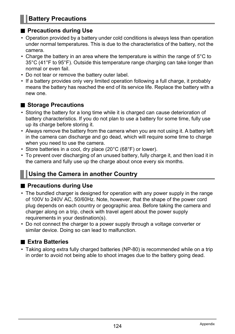 Battery precautions, Using the camera in another country | Casio EXILIM EX-Z670 User Manual | Page 124 / 143