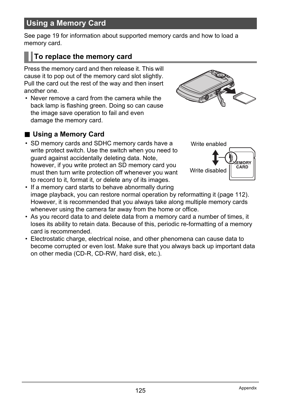 Using a memory card, To replace the memory card | Casio EXILIM EX-Z670 User Manual | Page 125 / 143