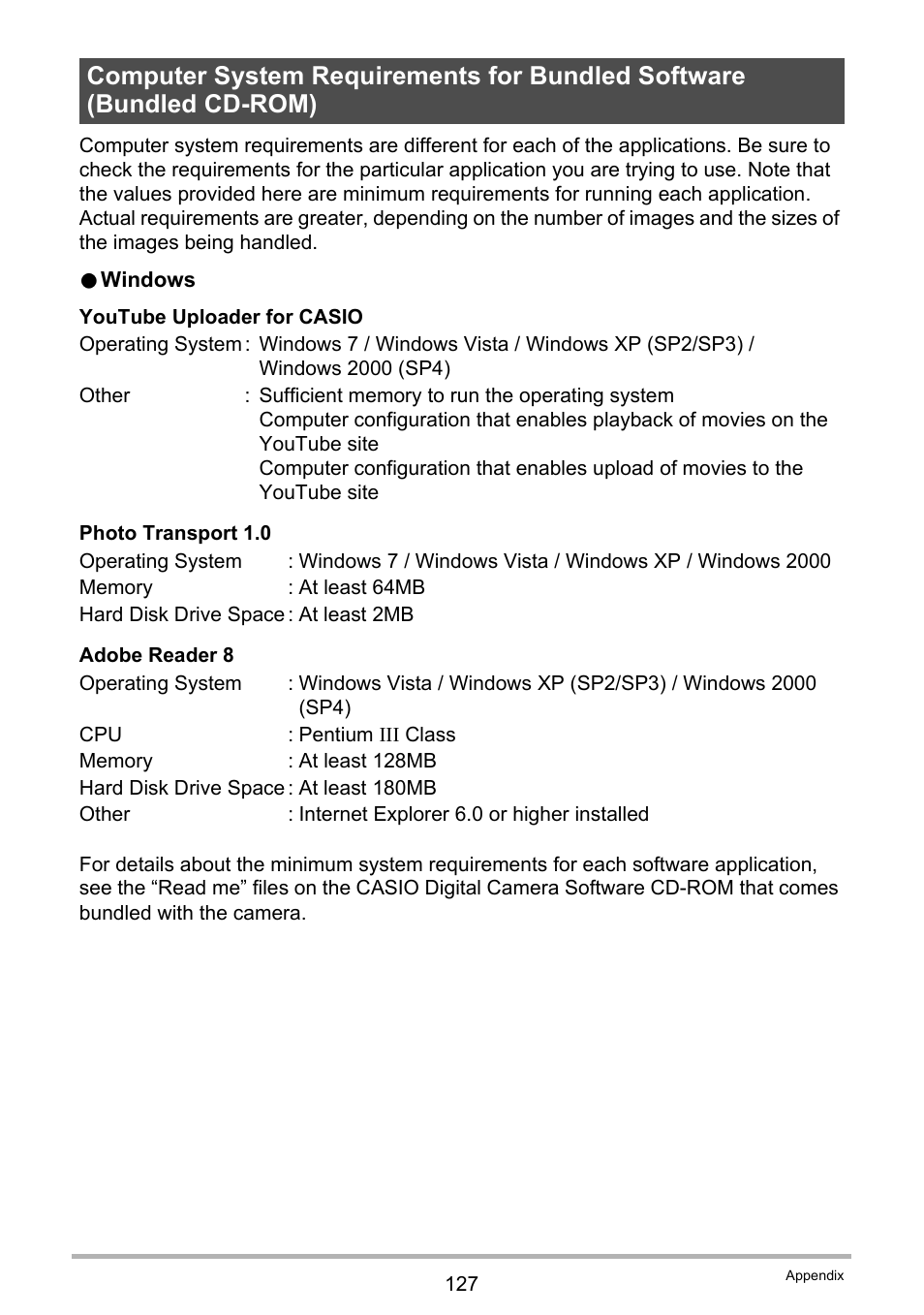 Computer system requirements for bundled software, Bundled cd-rom) . 127 | Casio EXILIM EX-Z670 User Manual | Page 127 / 143