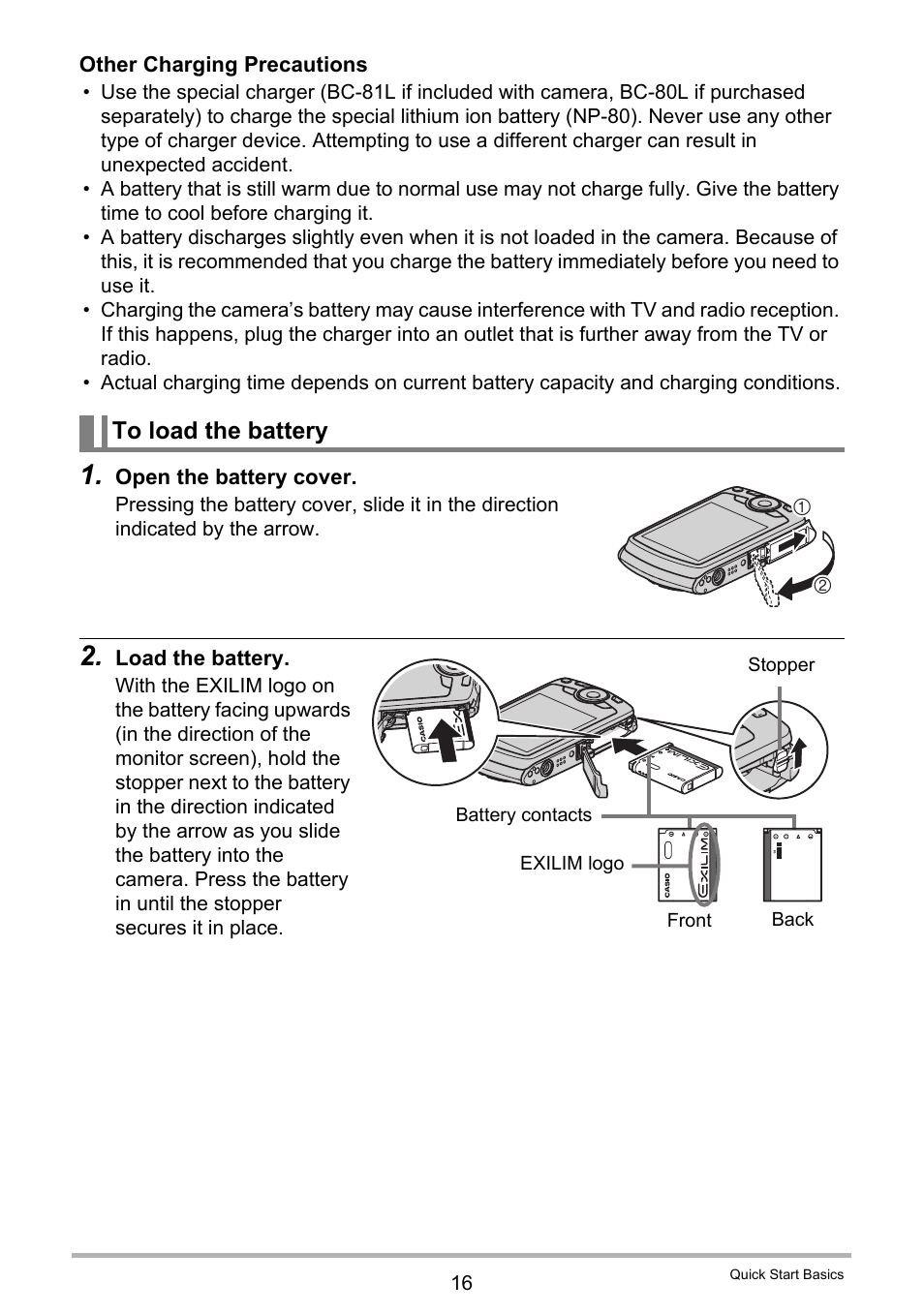 To load the battery | Casio EXILIM EX-Z670 User Manual | Page 16 / 143