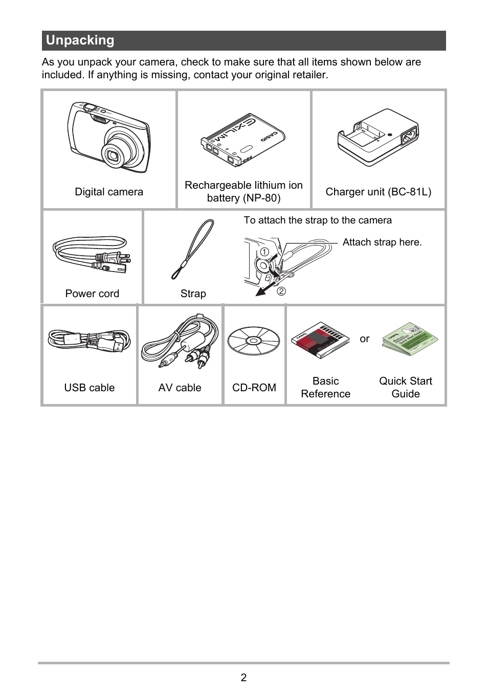 Unpacking | Casio EXILIM EX-Z670 User Manual | Page 2 / 143